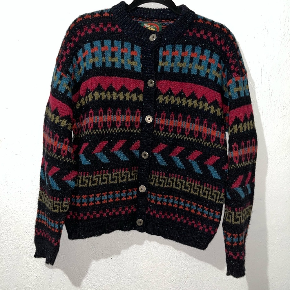 VINTAGE ALPS Women's Wool Blend Long Sleeve Red Fair Isle Cardigan Sweater L